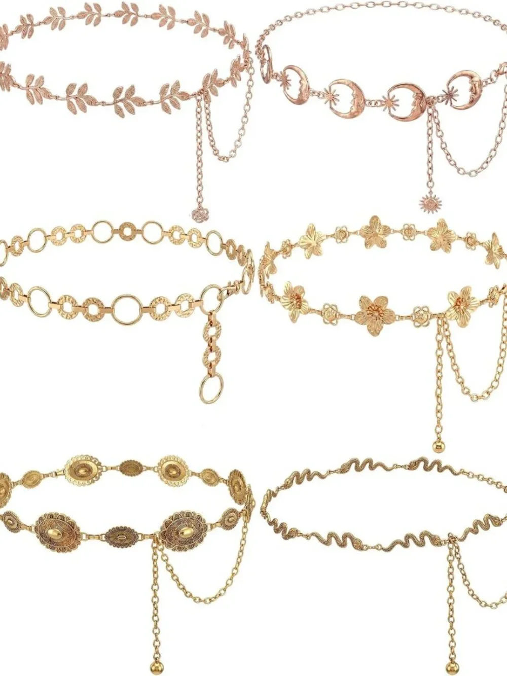 6 Pcs Multi-Layer Gold & Silver Waist Chain Belt for Women - Adjustable Body